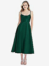 Front View Thumbnail - Hunter Green Spaghetti Strap Full Skirt Satin Midi Dress