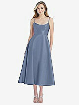 Front View Thumbnail - Larkspur Blue Spaghetti Strap Full Skirt Satin Midi Dress