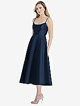Side View Thumbnail - Midnight Navy Spaghetti Strap Full Skirt Satin Midi Dress