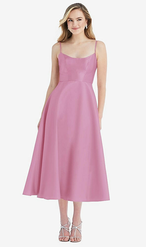 Front View - Powder Pink Spaghetti Strap Full Skirt Satin Midi Dress