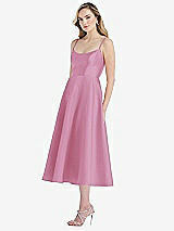 Side View Thumbnail - Powder Pink Spaghetti Strap Full Skirt Satin Midi Dress