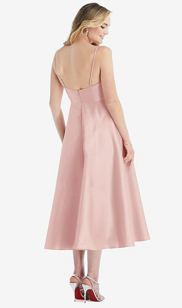 Back View - Rose Spaghetti Strap Full Skirt Satin Midi Dress