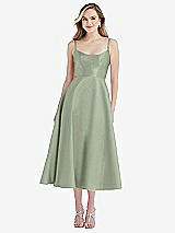 Front View Thumbnail - Sage Spaghetti Strap Full Skirt Satin Midi Dress