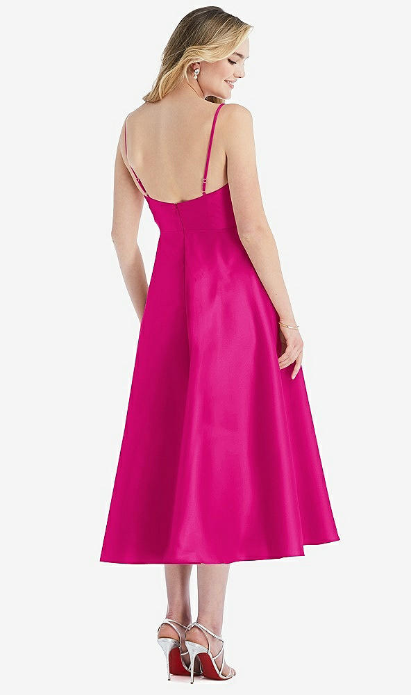 Back View - Think Pink Spaghetti Strap Full Skirt Satin Midi Dress