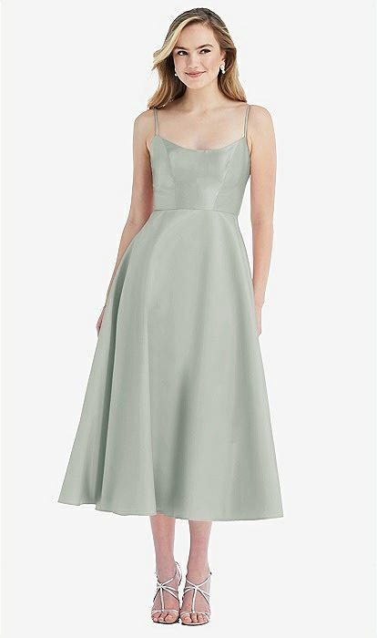 Spaghetti Strap Full Skirt Satin Midi Bridesmaid Dress In Willow Green |  The Dessy Group