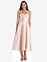 Front View Thumbnail - Blush Tie-Neck Halter Full Skirt Satin Midi Dress