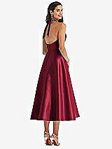 Rear View Thumbnail - Burgundy Tie-Neck Halter Full Skirt Satin Midi Dress