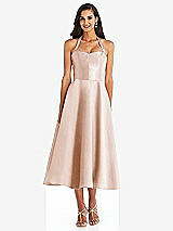 Front View Thumbnail - Cameo Tie-Neck Halter Full Skirt Satin Midi Dress