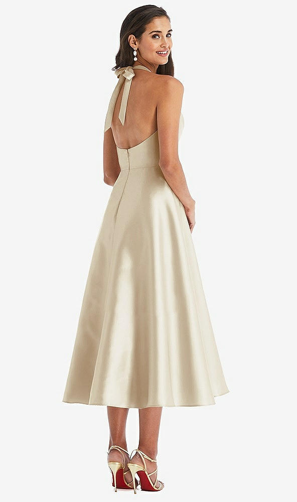 Back View - Champagne Tie-Neck Halter Full Skirt Satin Midi Dress