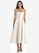 Front View Thumbnail - Ivory Tie-Neck Halter Full Skirt Satin Midi Dress