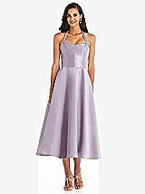 Front View Thumbnail - Lilac Haze Tie-Neck Halter Full Skirt Satin Midi Dress