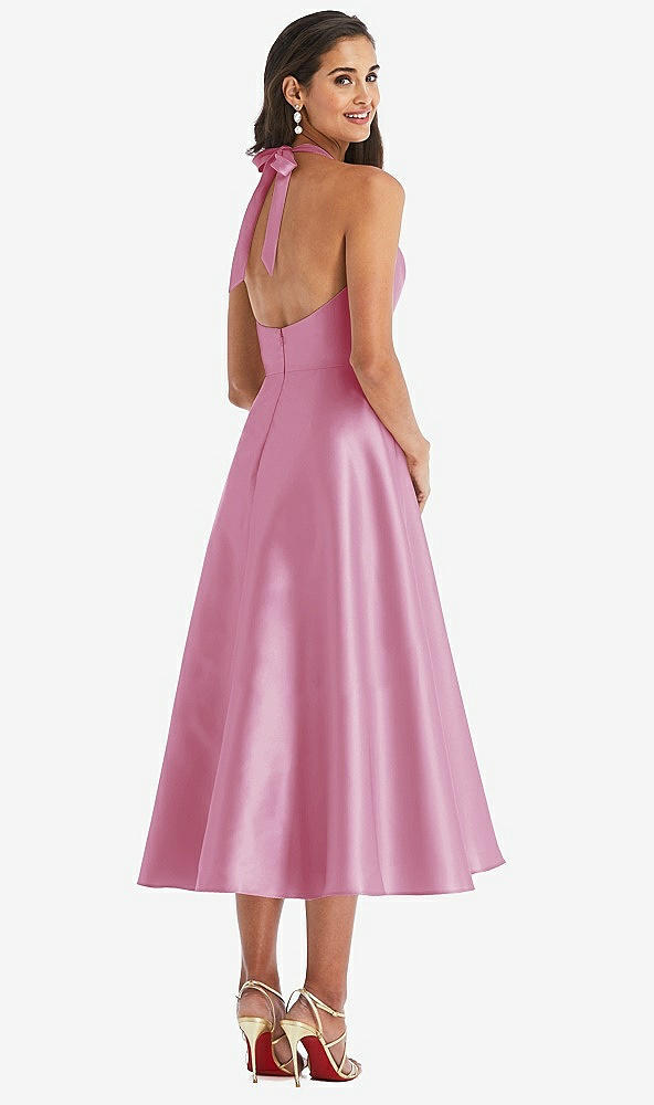 Back View - Powder Pink Tie-Neck Halter Full Skirt Satin Midi Dress