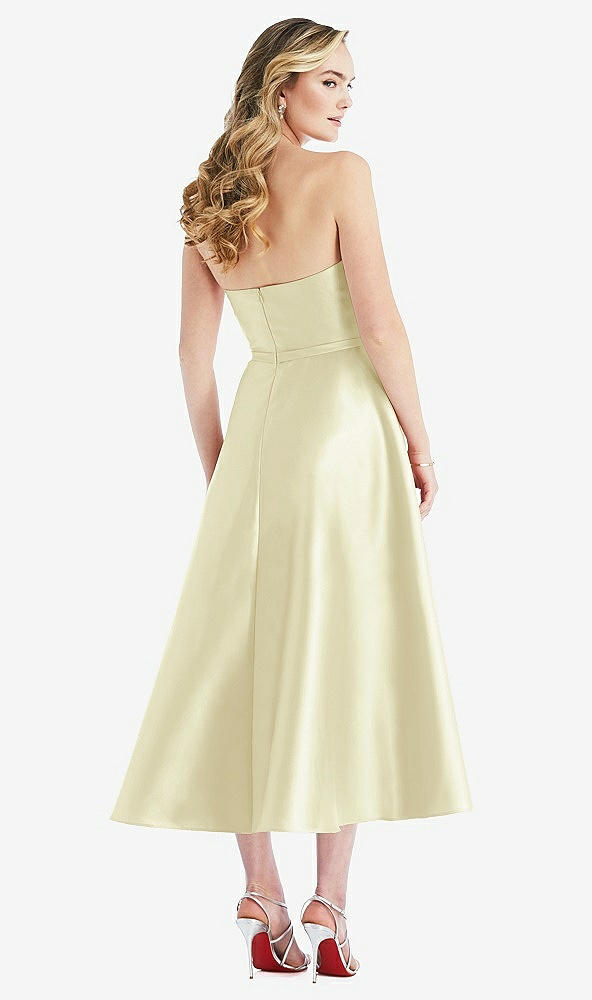 Back View - Butter Yellow Strapless Bow-Waist Full Skirt Satin Midi Dress