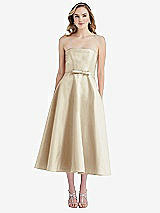 Front View Thumbnail - Champagne Strapless Bow-Waist Full Skirt Satin Midi Dress