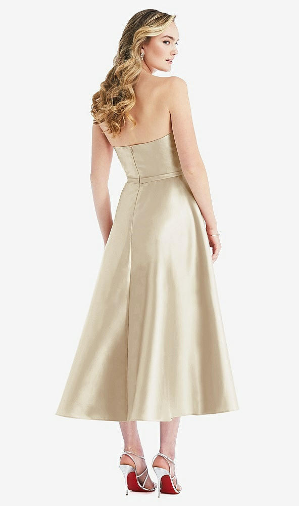 Back View - Champagne Strapless Bow-Waist Full Skirt Satin Midi Dress