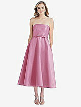 Front View Thumbnail - Powder Pink Strapless Bow-Waist Full Skirt Satin Midi Dress