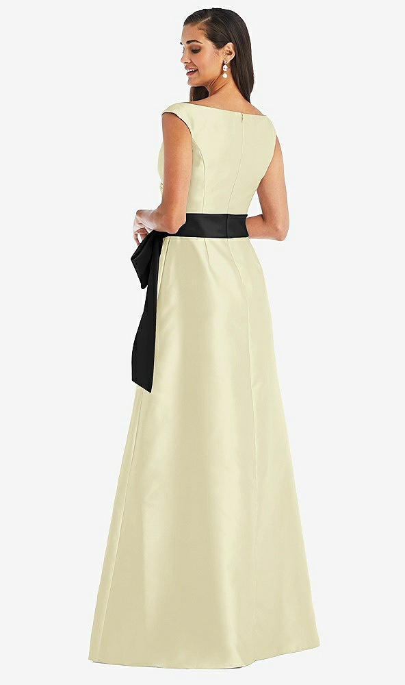 Back View - Butter Yellow & Black Off-the-Shoulder Bow-Waist Maxi Dress with Pockets
