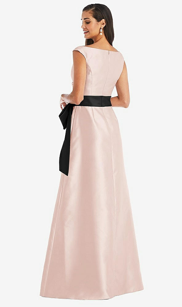 Back View - Blush & Black Off-the-Shoulder Bow-Waist Maxi Dress with Pockets