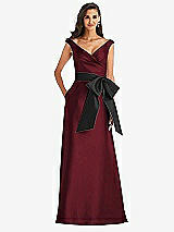 Front View Thumbnail - Cabernet & Black Off-the-Shoulder Bow-Waist Maxi Dress with Pockets