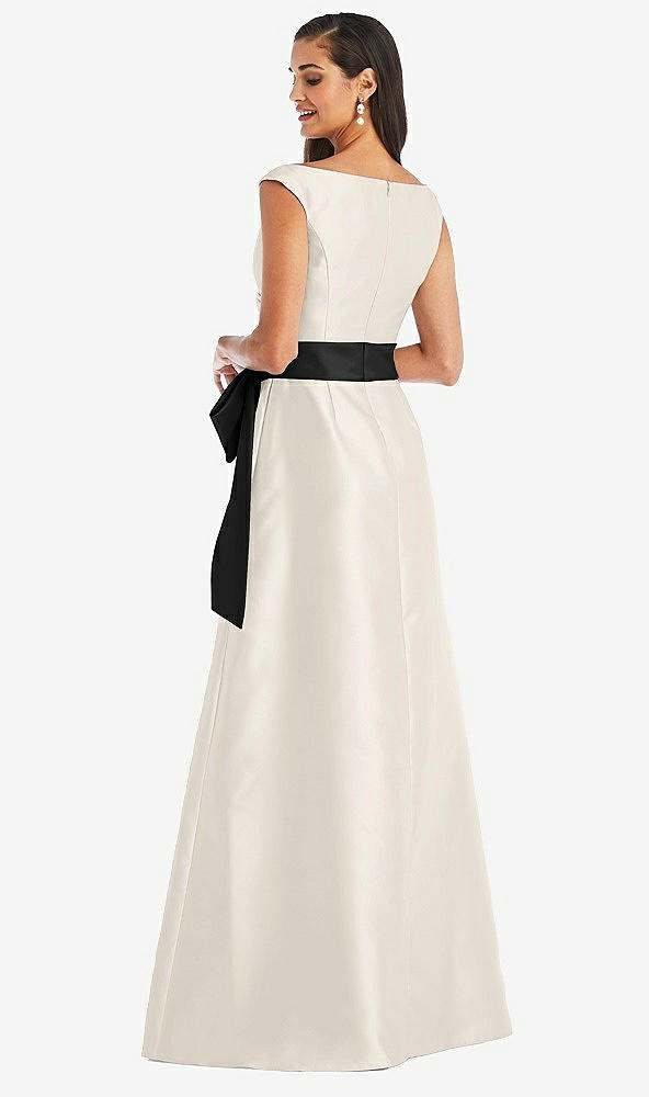 Back View - Ivory & Black Off-the-Shoulder Bow-Waist Maxi Dress with Pockets