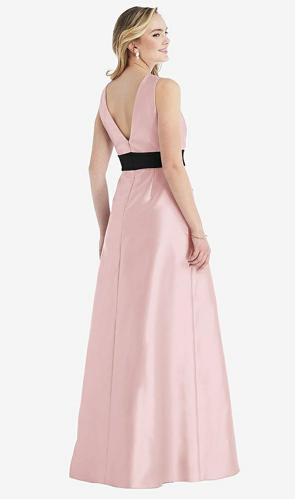 Back View - Ballet Pink & Black High-Neck Bow-Waist Maxi Dress with Pockets