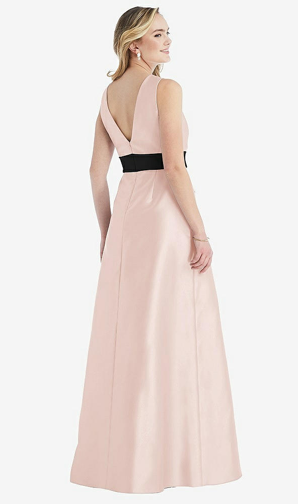Back View - Blush & Black High-Neck Bow-Waist Maxi Dress with Pockets