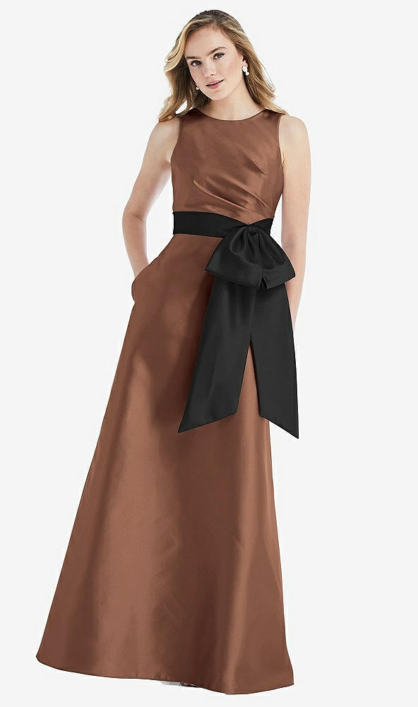 Front View - Cognac & Black High-Neck Bow-Waist Maxi Dress with Pockets