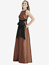 Side View Thumbnail - Cognac & Black High-Neck Bow-Waist Maxi Dress with Pockets