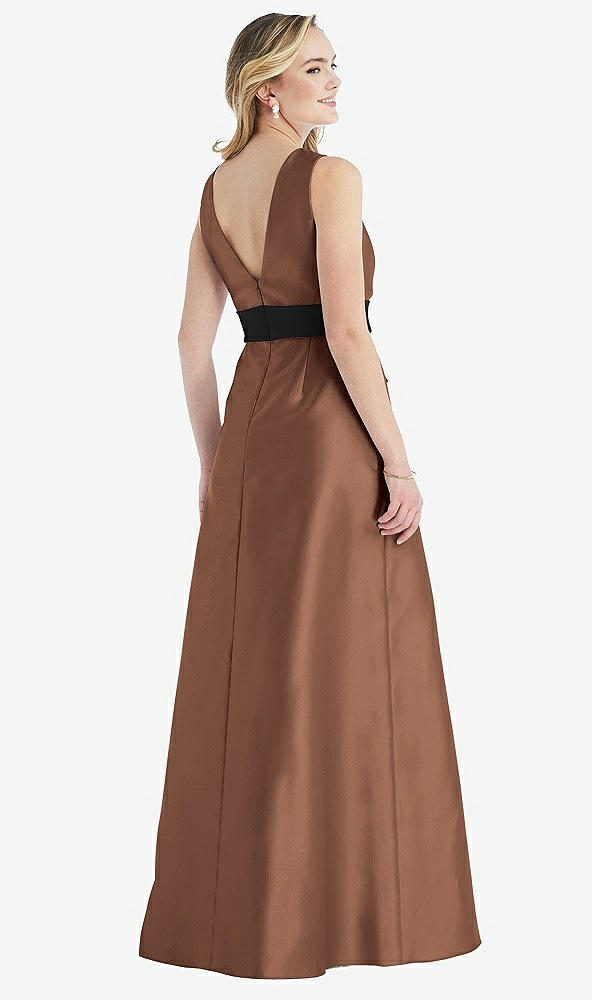 Back View - Cognac & Black High-Neck Bow-Waist Maxi Dress with Pockets