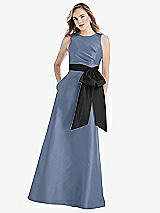 Front View Thumbnail - Larkspur Blue & Black High-Neck Bow-Waist Maxi Dress with Pockets