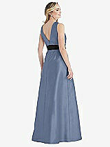 Rear View Thumbnail - Larkspur Blue & Black High-Neck Bow-Waist Maxi Dress with Pockets