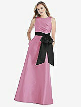 Front View Thumbnail - Powder Pink & Black High-Neck Bow-Waist Maxi Dress with Pockets