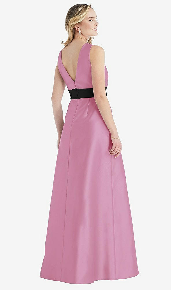 Back View - Powder Pink & Black High-Neck Bow-Waist Maxi Dress with Pockets
