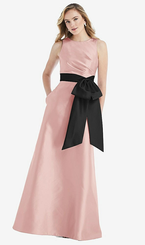 Front View - Rose & Black High-Neck Bow-Waist Maxi Dress with Pockets