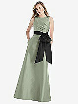 Front View Thumbnail - Sage & Black High-Neck Bow-Waist Maxi Dress with Pockets