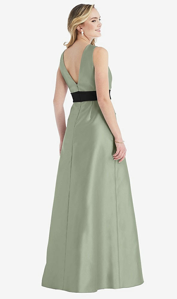 Back View - Sage & Black High-Neck Bow-Waist Maxi Dress with Pockets