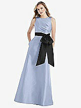 Front View Thumbnail - Sky Blue & Black High-Neck Bow-Waist Maxi Dress with Pockets
