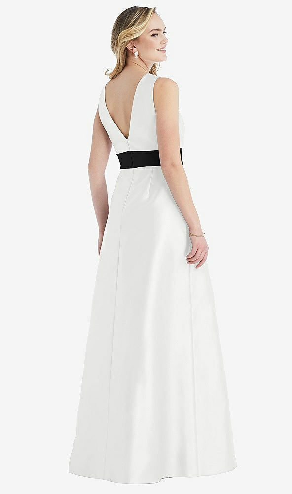 Back View - White & Black High-Neck Bow-Waist Maxi Dress with Pockets