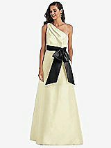 Front View Thumbnail - Butter Yellow & Black One-Shoulder Bow-Waist Maxi Dress with Pockets