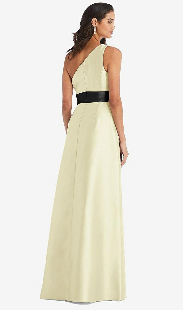 Back View - Butter Yellow & Black One-Shoulder Bow-Waist Maxi Dress with Pockets
