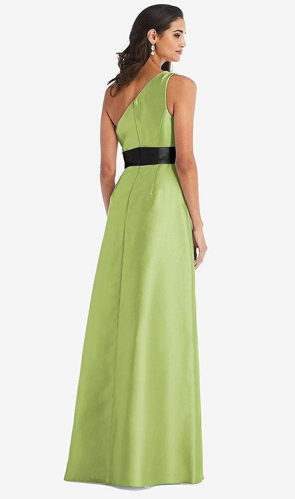 Back View - Mojito & Black One-Shoulder Bow-Waist Maxi Dress with Pockets