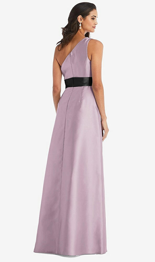 Back View - Suede Rose & Black One-Shoulder Bow-Waist Maxi Dress with Pockets