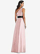 Rear View Thumbnail - Ballet Pink & Black One-Shoulder Bow-Waist Maxi Dress with Pockets