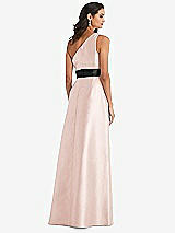 Rear View Thumbnail - Blush & Black One-Shoulder Bow-Waist Maxi Dress with Pockets