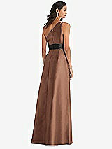 Rear View Thumbnail - Cognac & Black One-Shoulder Bow-Waist Maxi Dress with Pockets