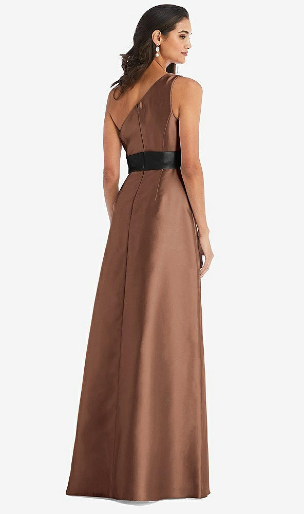 Back View - Cognac & Black One-Shoulder Bow-Waist Maxi Dress with Pockets
