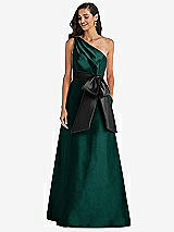 Front View Thumbnail - Evergreen & Black One-Shoulder Bow-Waist Maxi Dress with Pockets