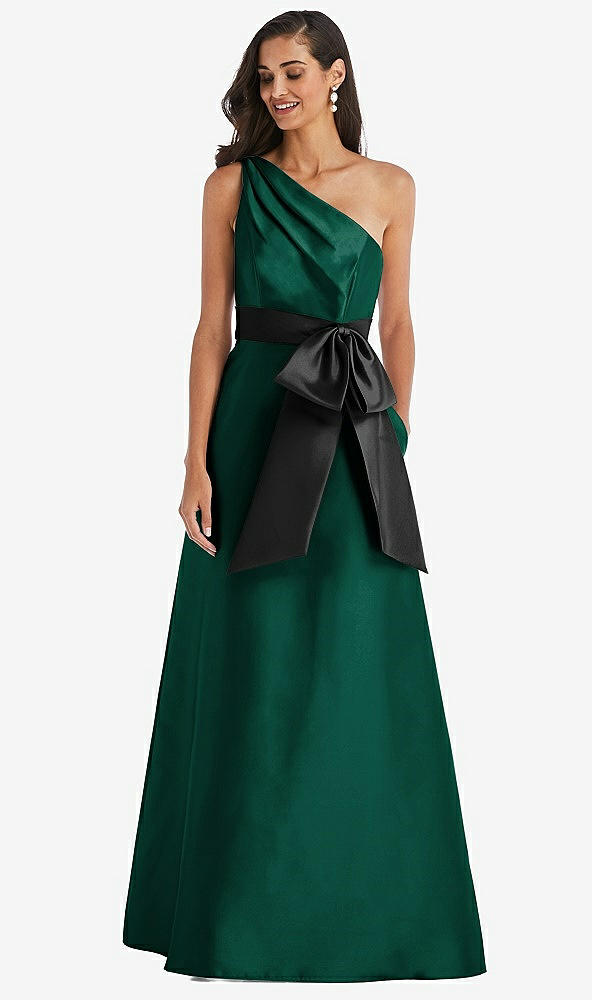 Front View - Hunter Green & Black One-Shoulder Bow-Waist Maxi Dress with Pockets