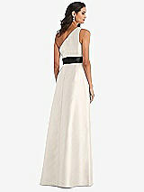 Rear View Thumbnail - Ivory & Black One-Shoulder Bow-Waist Maxi Dress with Pockets