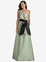 Front View Thumbnail - Sage & Black One-Shoulder Bow-Waist Maxi Dress with Pockets